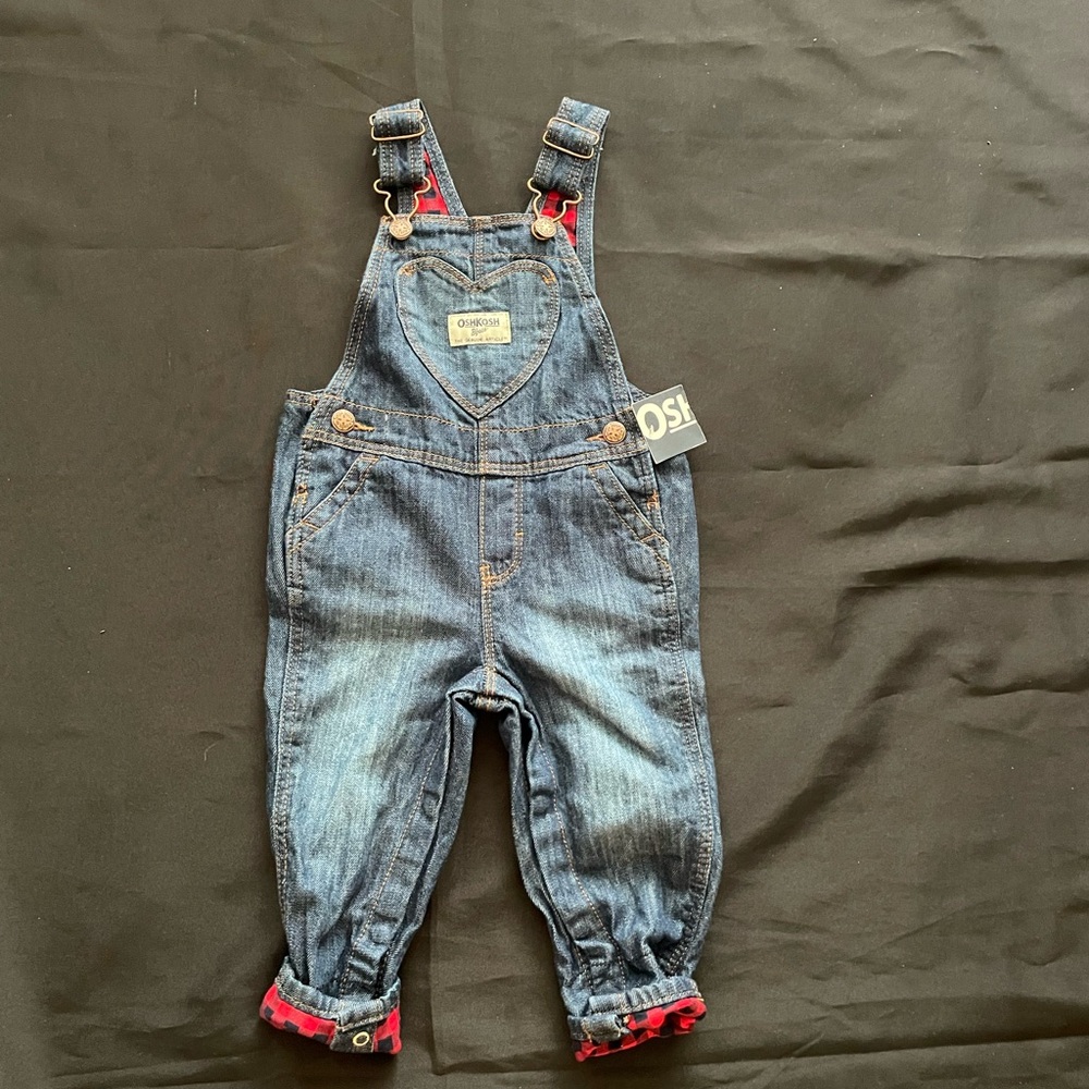 OshKosh B’gosh VTG Plaid Trim Denim Overalls Girls 12 Months